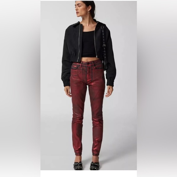 Urban Outfitters Neon Denim Cherry Coated Skinny Jean Metallic Red Black - Picture 1 of 7